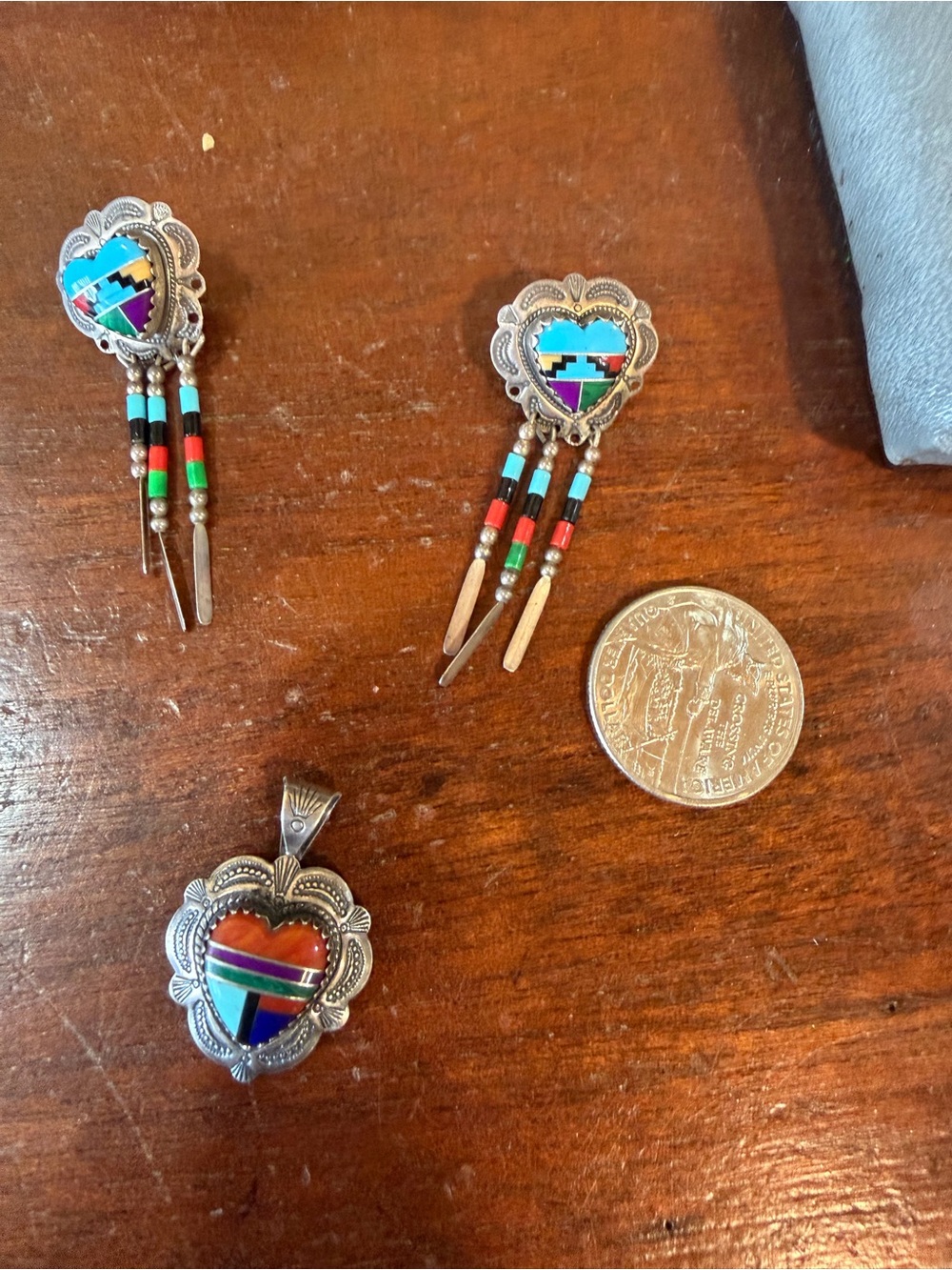 Native American Sterling Multicolor Heart Pendant and Dangle Earrings Set